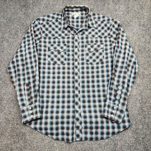 Wrangler Shirt Mens Large Blue Plaid Western Pearl Snap Long Sleeve Cowboy